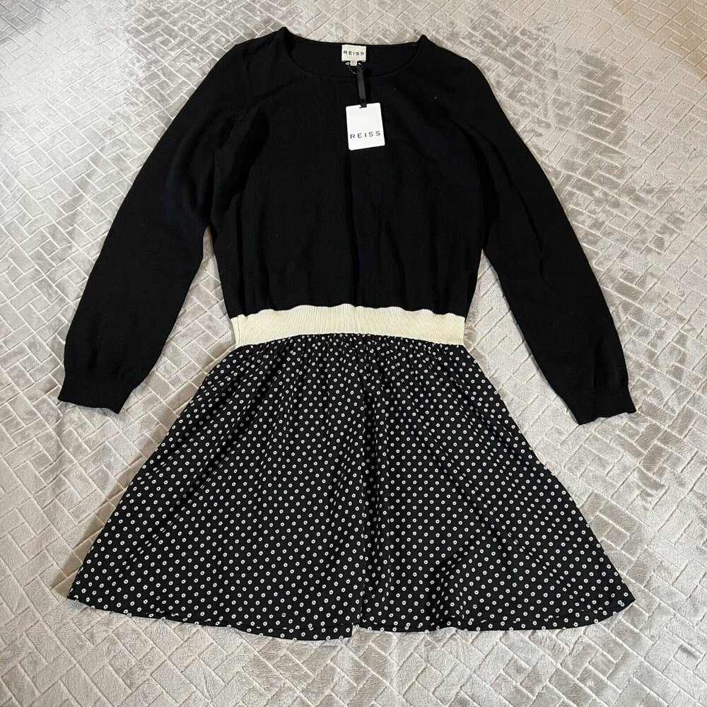 Reiss Womens 8 Sweater Dress Black Wool Long Sleeve Pockets Geometric Print New